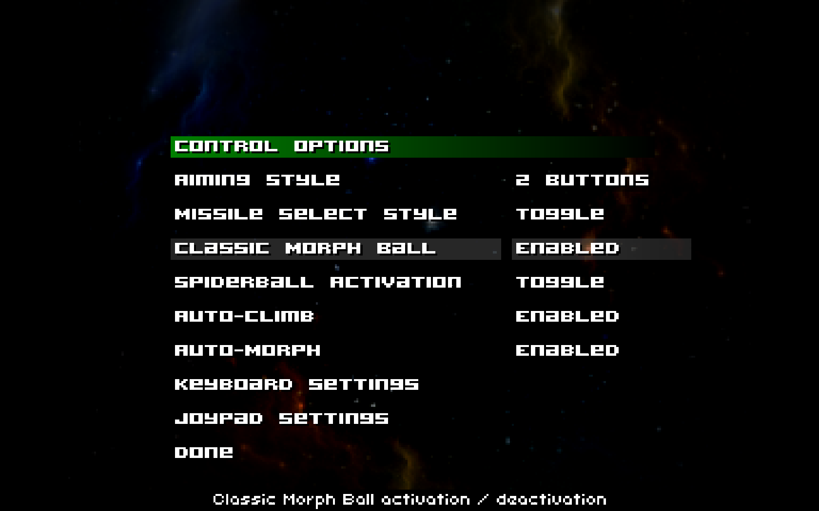 L'écran de configuration du gameplay