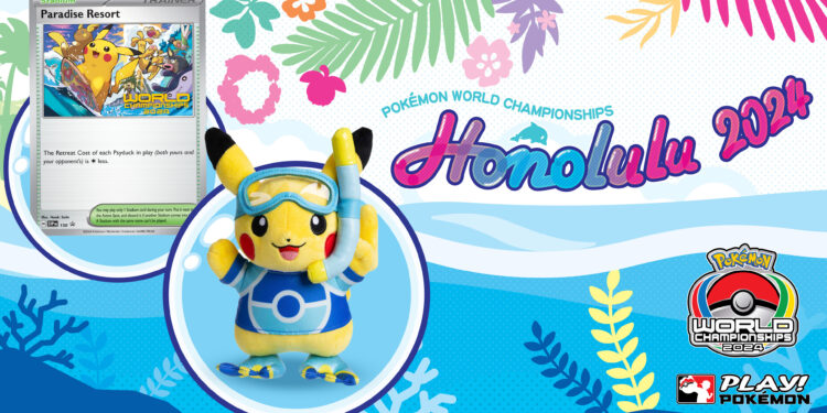 Une peluche Pikachu et une carte promo Hôtel « Au paradis des Pokémon » pour les Championnats du Monde qui auront lieu à Honolulu