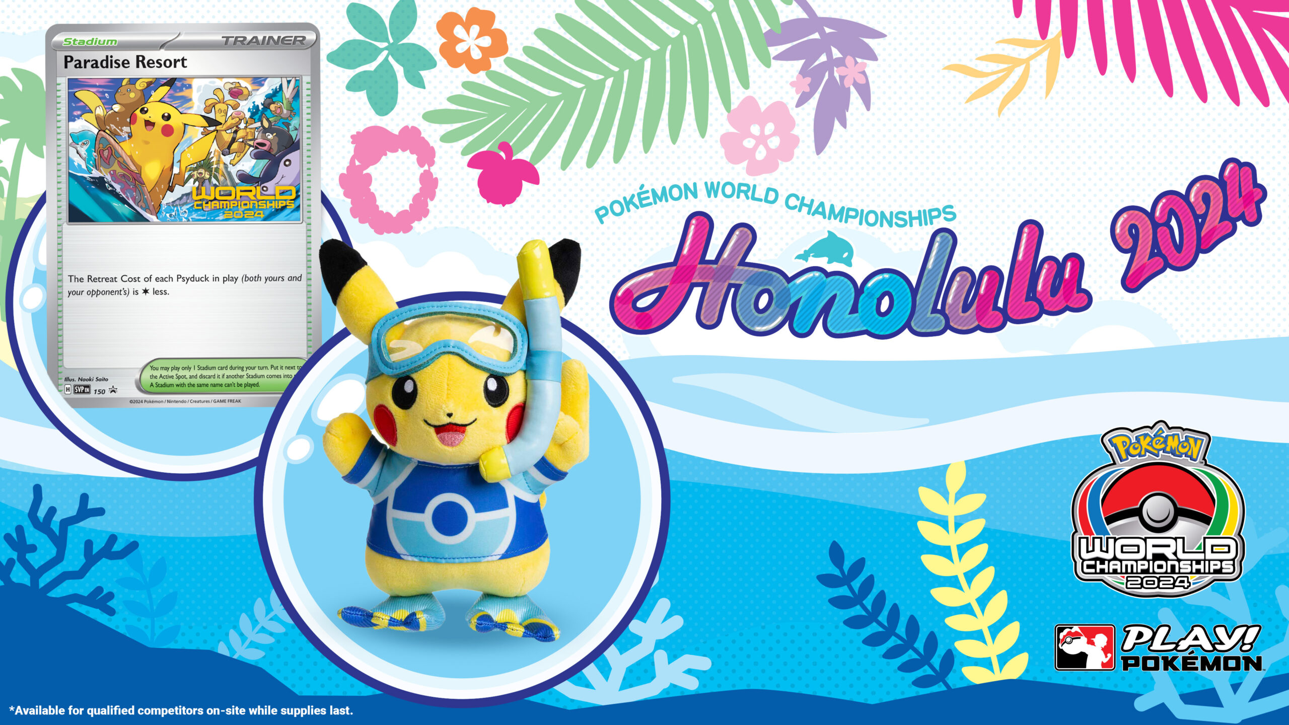 A Pikachu plush toy and a “Pokémon Paradise” Hotel promo card for the